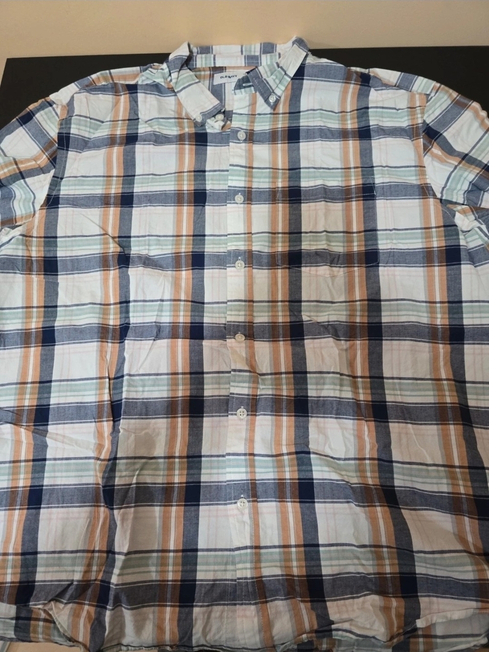 Old Navy Men 'S XXL Everyday Plaid Button Down Stretch Shirt Blue Tan